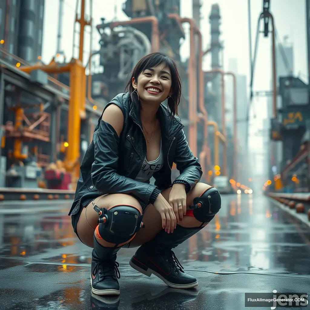 A cyberpunk woman squatting in the distance, whimsical smile, a massive industrial network technology cityscape background, a sense of enormous scale, long-focus zoom perspective, servos, pipes, reflective wet pavement, fashion photography, fluctuating depth of field, zoom blur. - Image