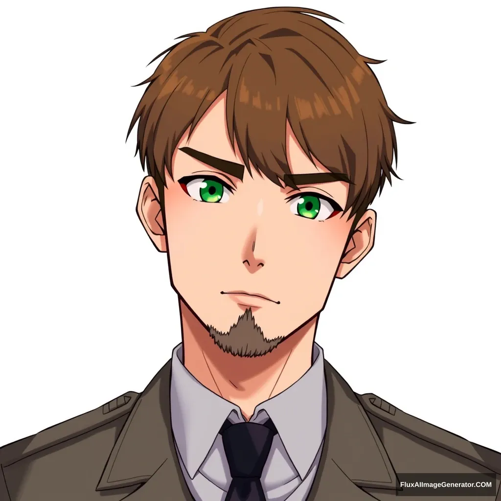 solo, looking at viewer, short hair, brown hair, 1boy, white background, green eyes, male focus, necktie, uniform, military, military uniform, facial hair, thick eyebrows, portrait, bara, beard, sideburns, mature male, American appearance, tattoo on the neck. anime style 3d