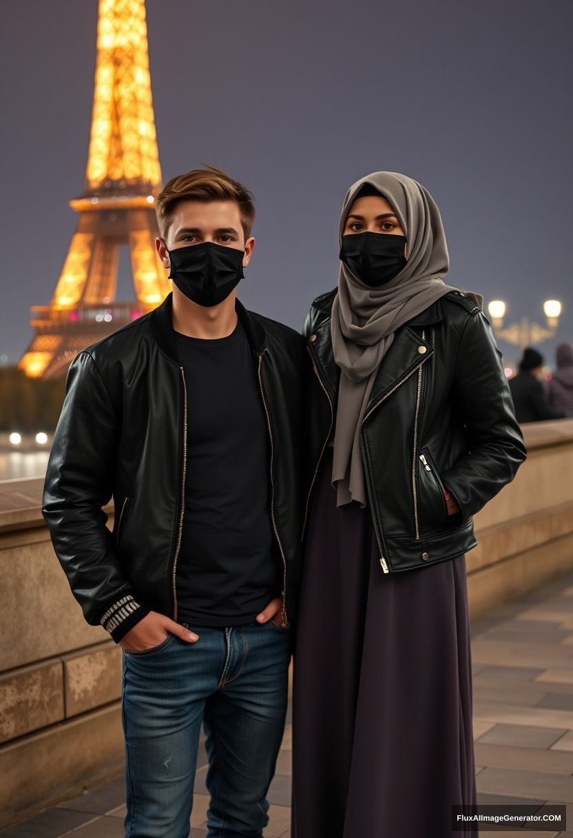 Jamie Dornan, young, black face mask, collage jacket, Nike t-shirt, jeans, tall, fit body,

Dating, love with the biggest grey hijab Muslim girl, beautiful eyes, black face mask, leather jacket, biggest longest skirt, cute,

standing near the Eiffel Tower, night scenery, hyper-realistic, photorealistic, street photography.