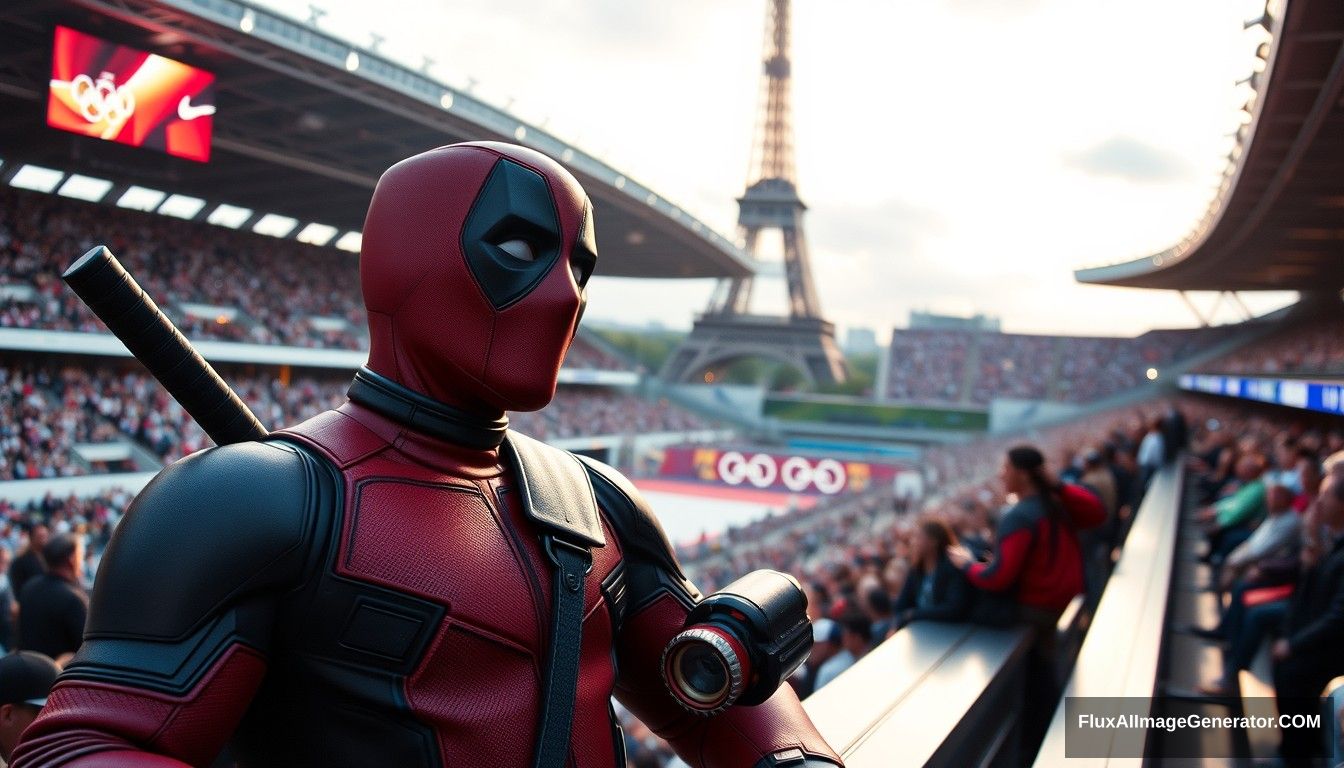 hyper-realistic, deadpool enjoying the Olympics in Paris