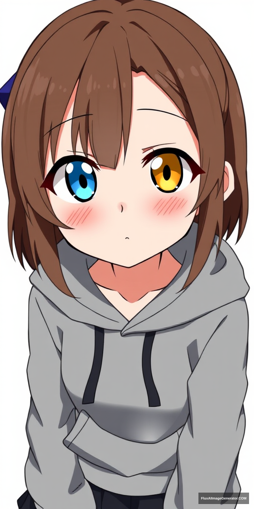 One anime girl with a blue left eye and a yellow right eye, and brown hair. She has a cute appearance, is short, and is wearing a gray hoodie with a black skirt.