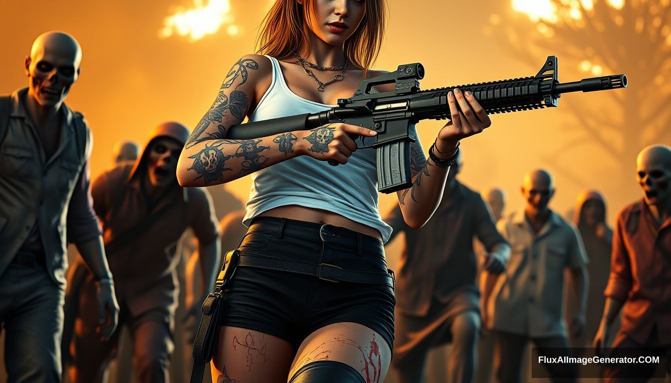 Portrait of a sexy woman in a white vest and black shorts, with many gypsy-style skull pattern tattoos on both arms and legs, her arm skin is scratched, splashed blood on both arms and legs, holding an AR-15 rifle with both hands, aiming, surrounded by scary zombies in different clothing, golden hour lighting, ray tracing, global illumination, 4k.