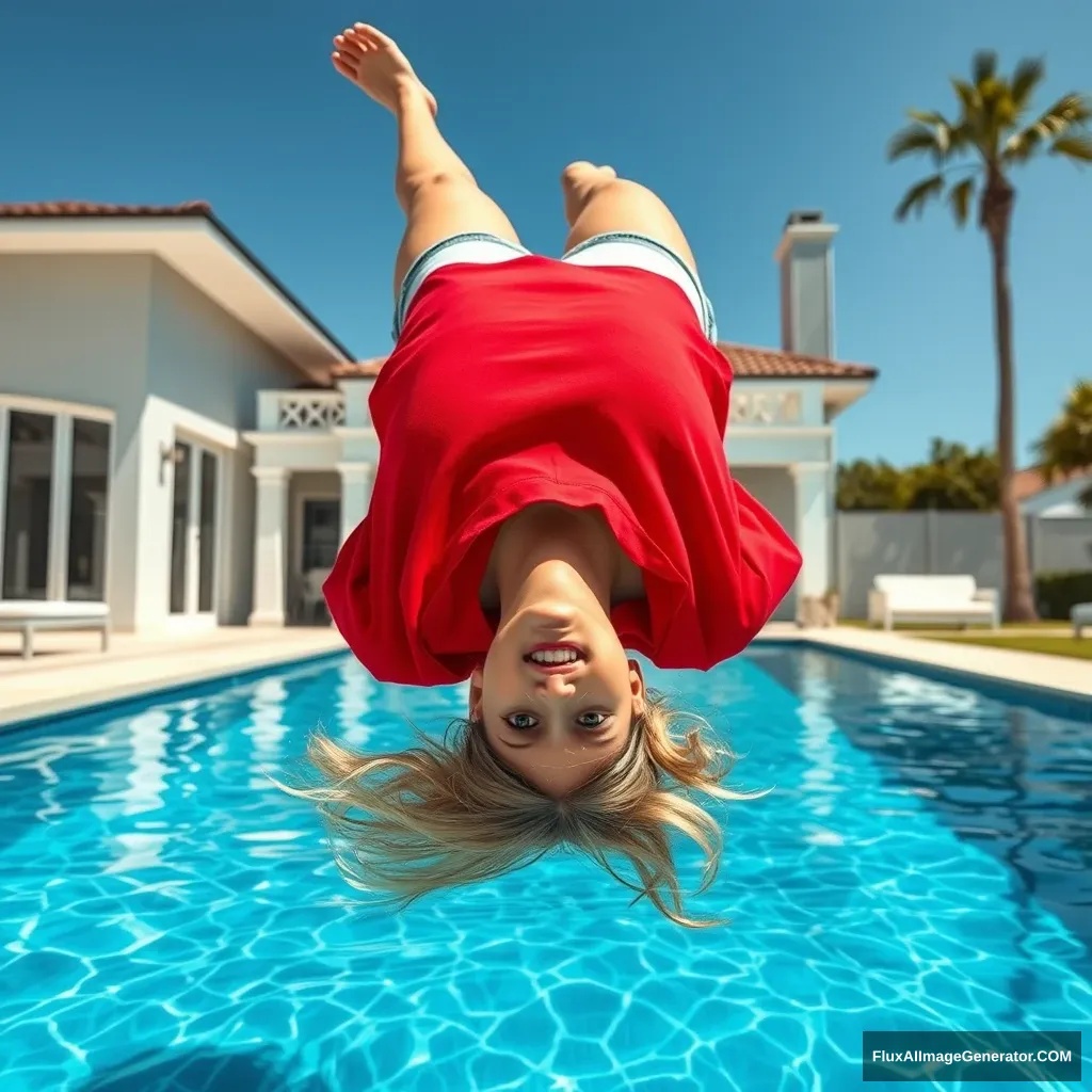 Front view of a young blonde skinny woman who is in her early twenties is in her massive backyard wearing a massively oversized red polo t-shirt which is a bit off balance on one of the shoulders and the bottom part of her t-shirt is tucked in on all sides. She is also wearing small light blue denim shorts and has no shoes or socks. She jumps into her massive luxurious pool head first, turning herself upside down with her head underwater.