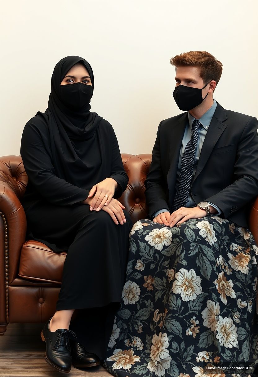 A biggest black hijab girl, slim girl, beautiful eyes, face mask black, wear a wedding ring, biggest floral longest dress, sitting on leather single wing sofa,

Jamie Dornan, youngest, black suit coat, grey pattern tie, black leather sneaker, tall man, face mask black, wear a wedding ring, fit body, sitting near her,

hyper realistic, studio photography.