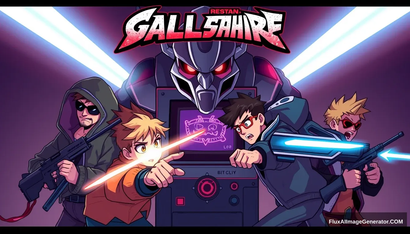 Game poster, logo, cel shaded art, several characters are battling around a game machine, jacket, weapon, multiple boys, hood, facial hair, sunglasses, crossover, robot, beard, science fiction, 6+ boys.