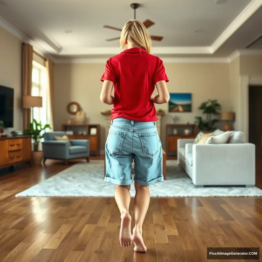 Back angle of a skinny blonde woman in her huge living room, wearing a massively oversized red polo t-shirt that is slightly off balance on one shoulder, and oversized light blue denim shorts that are not rolled up; she is barefoot and facing the camera as she gets off her chair and runs toward the camera.