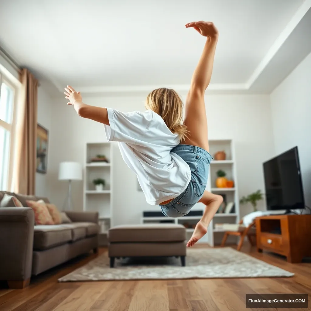 A side angle of a skinny blonde woman in her large living room, wearing an extremely oversized white t-shirt that is notably uneven on one sleeve, paired with oversized light blue denim shorts. She is barefoot, facing her TV, and dives headfirst with her arms raised below her head and her legs lifted high in the air behind her back, positioned at a 60-degree angle.