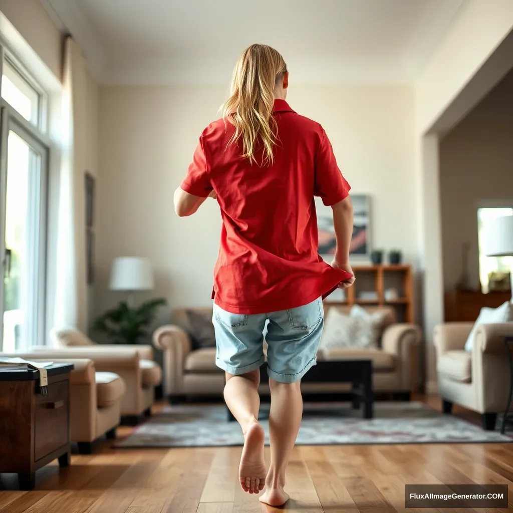 Back view of a skinny blonde woman in her large living room, wearing a massively oversized red polo shirt that is off-balance on one shoulder and oversized light blue denim shorts that are not rolled up. She is barefoot and faces the camera as she gets off her chair and runs towards it.