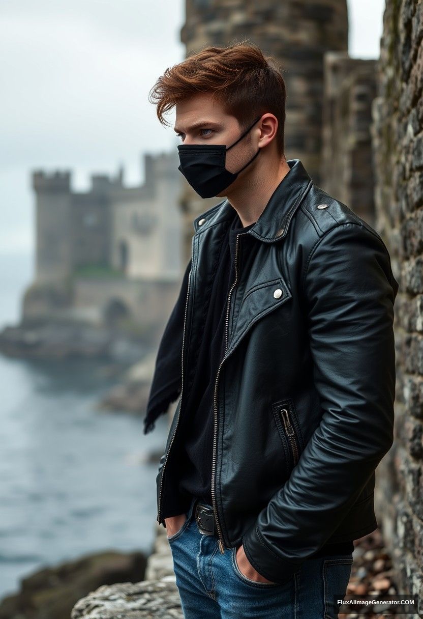 Jamie Dornan's head and body shot, handsome, youngest, face mask black, black leather jacket, jeans, dating, love with the biggest black hijab Muslim girl, not tall, beautiful eyes, face mask, maroon leather jacket, biggest black skirt, hyper realistic, studio photography, full body photo, exploring at an abandoned castle, at sea, gloomy scenery.