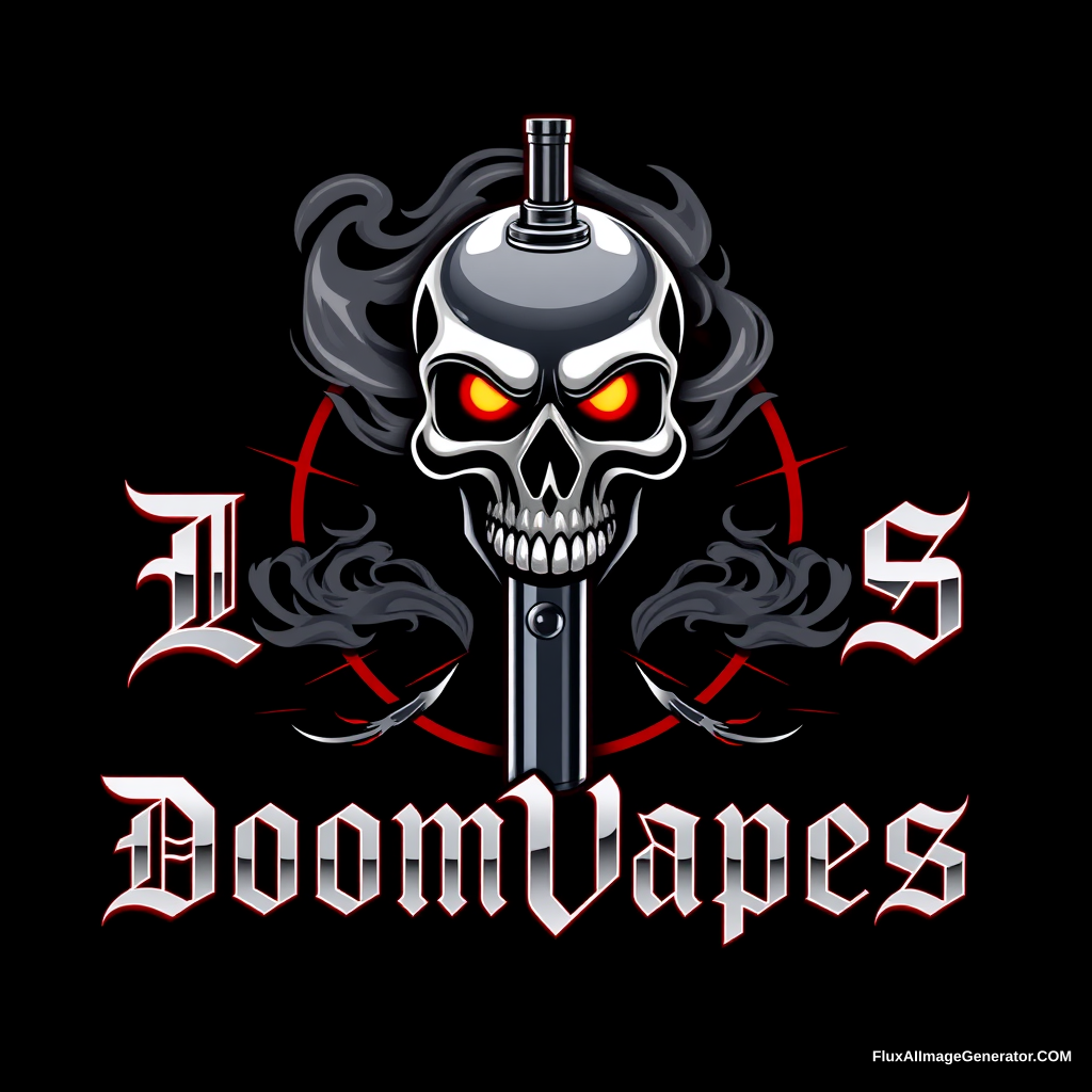 Sleek, menacing logo for DoomVapes, a vape equipment and content company. Stylized smoke forms a skull with glowing red eyes, emerging from a metallic vape pen. Gothic lettering in chrome. Dark background with neon accents. Cyberpunk meets Victorian aesthetics. Professional, edgy design.