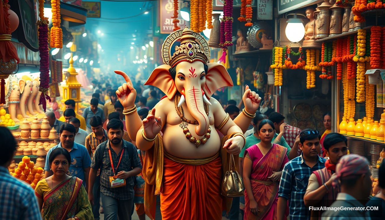 Visualize Lord Ganesha as a real human god, navigating a bustling, dense Indian market in preparation for his own festival. The market is lively and crowded, with vibrant stalls overflowing with marigold garlands, clay idols, sweets, and festival decorations. Surround him with real, everyday people who are unaware of his divine presence, going about their shopping, bartering with vendors, and carrying bags filled with festival essentials. Ganesha, dressed in a blend of traditional dhoti and modern attire, should be depicted with a serene yet amused expression as he picks out the best offerings, from the freshest flowers to the most ornate decorations. Capture the vivid colors, the cacophony of sounds, and the rich scents of an authentic Indian market, with Ganesha seamlessly blending into the crowd, embodying the divine in the midst of everyday life. It's evening time with lots of lights. Unreal Engine, 4k, change the camera angle. Ganesha should look like he is also walking with people.