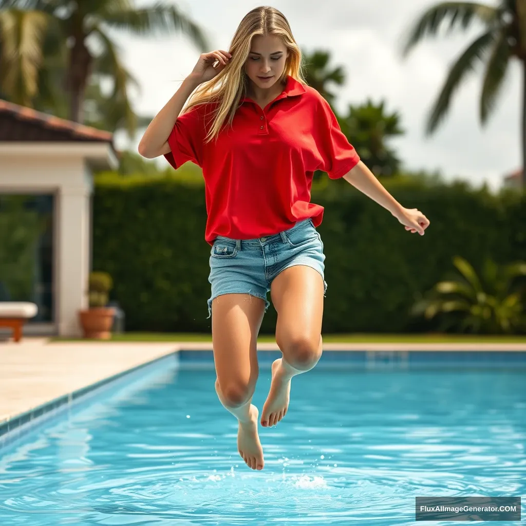 Front view of a young blonde skinny woman with a good tan in her early twenties, in her massive backyard. She is wearing an oversized red polo t-shirt that is slightly off balance on one shoulder, with the bottom part not tucked in. She has on M-sized light blue denim shorts and is barefoot, without shoes or socks. She jumps into the pool with her legs straightened down and submerged underwater.