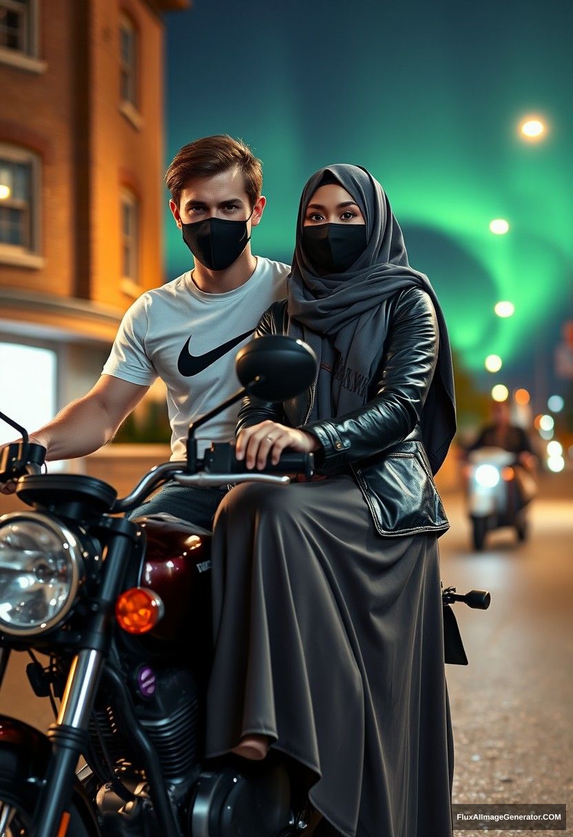 Jamie Dornan, tall, young, wearing a black face mask, a white Nike T-shirt, and jeans, rides a motorcycle. 

He is dating a beautiful Muslim girl in a grey hijab, with gorgeous eyes, wearing a black face mask and a leather jacket, and a very long and big skirt; she is not very tall. 

They sit together on the motorbike in town, in a photorealistic street photography style, with a night scenery featuring the aurora borealis.