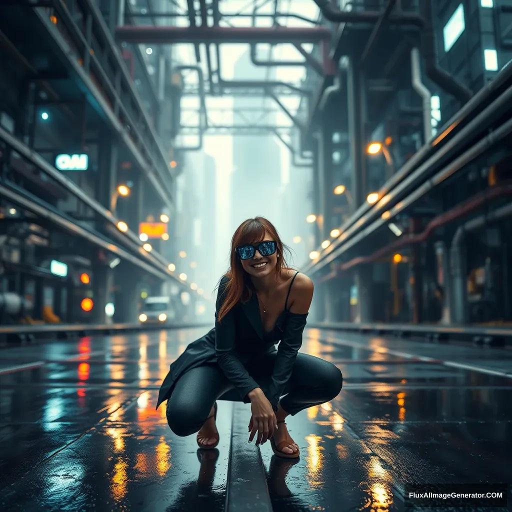 A cyberpunk woman crouches in the distance, with a whimsical smile, wearing HUD-equipped maximum OLED liquid glass glasses. The background features a massive industrial network technology cityscape, a great sense of scale, long-focus zoom perspective, servos, pipes, reflective wet pavement, fashion photography, shimmering depth of field, and zoom blur.