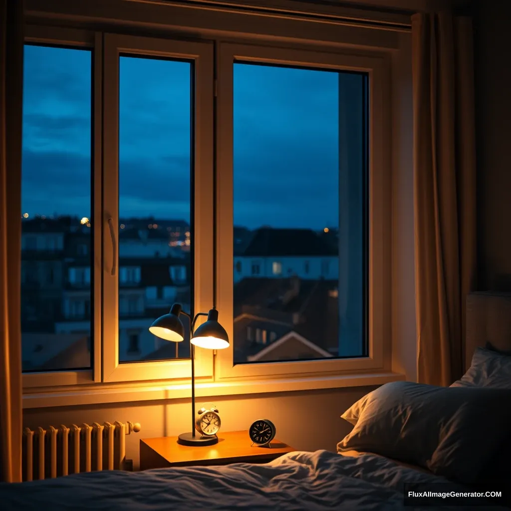 Glass window, modern bedroom apartment in France, a study lamp lighting, night scenery, 2:00 AM on a small clock at a small desk behind the bed, hyper-realistic, photorealistic.