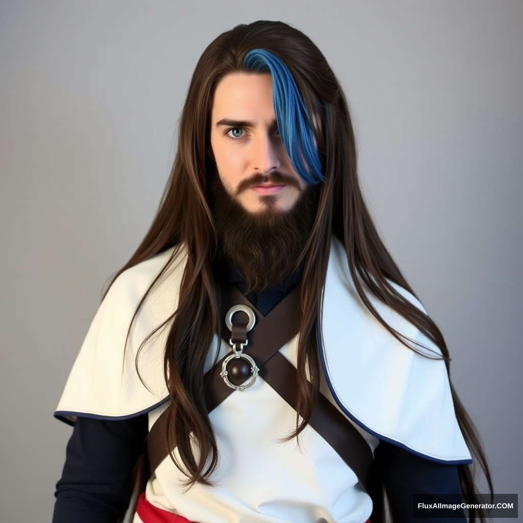 Full body picture of a long brown-haired and short-bearded guy cosplaying as Rimuru.