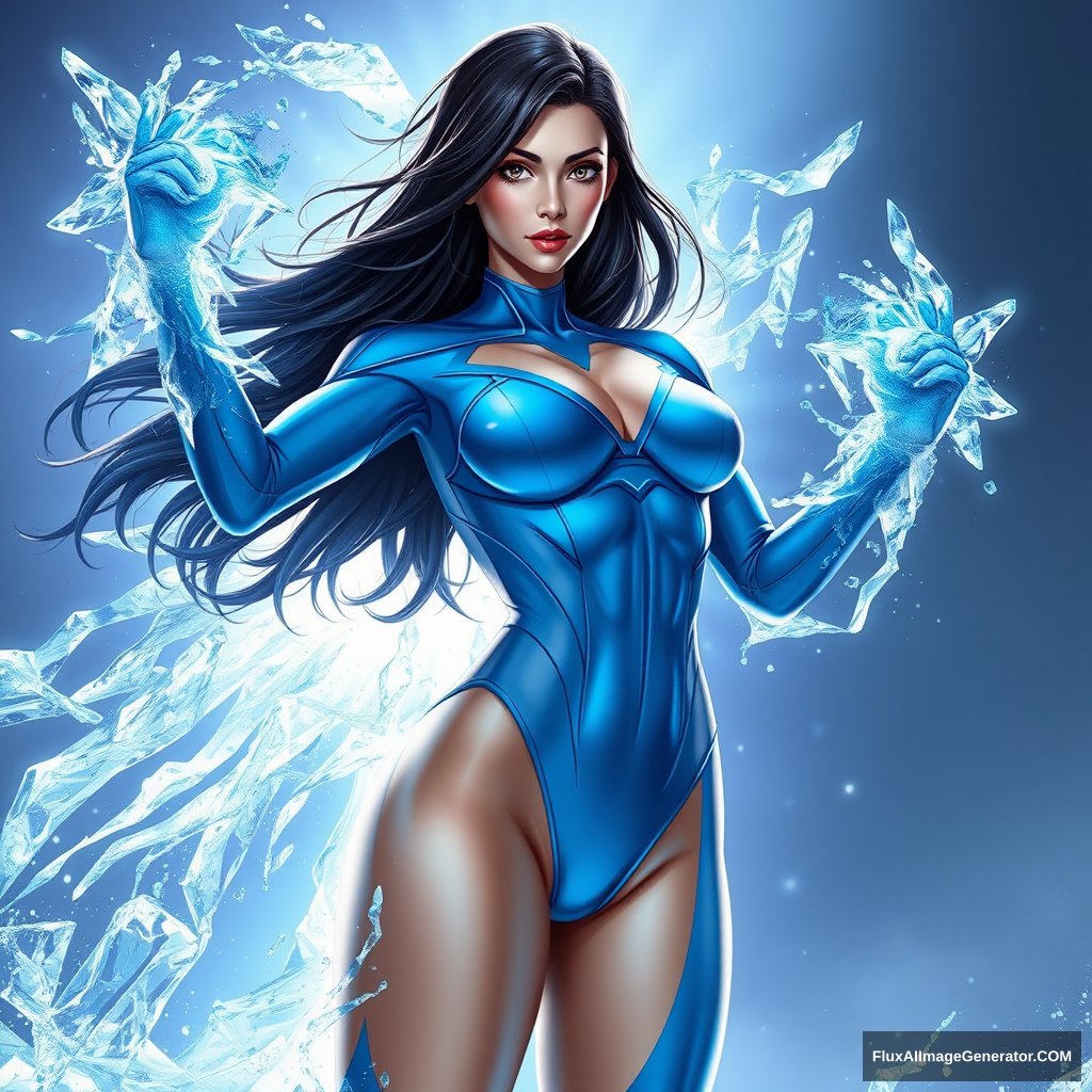 A realistic image of a gorgeous dark-haired female superhero with water and ice powers wearing an azure bodysuit. She has a muscular toned body, and her body is covered in a thin sheet of ice. - Image