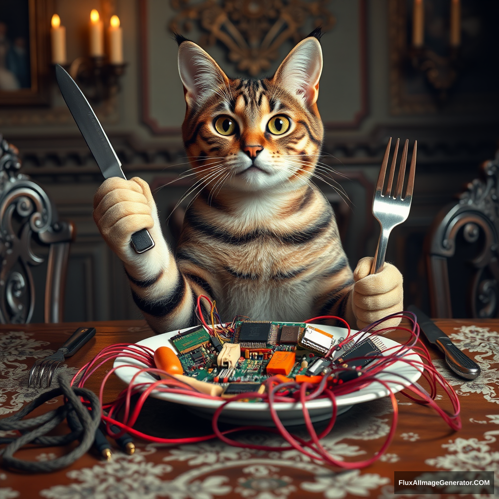 A lifelike tabby cat sits upright at an ornate Victorian dining table, deftly wielding a silver knife and fork. Its plate brims with an assortment of colorful circuit boards, microchips, and tangled wires. Hyper-realistic details capture every whisker, reflecting candlelight in its curious eyes.