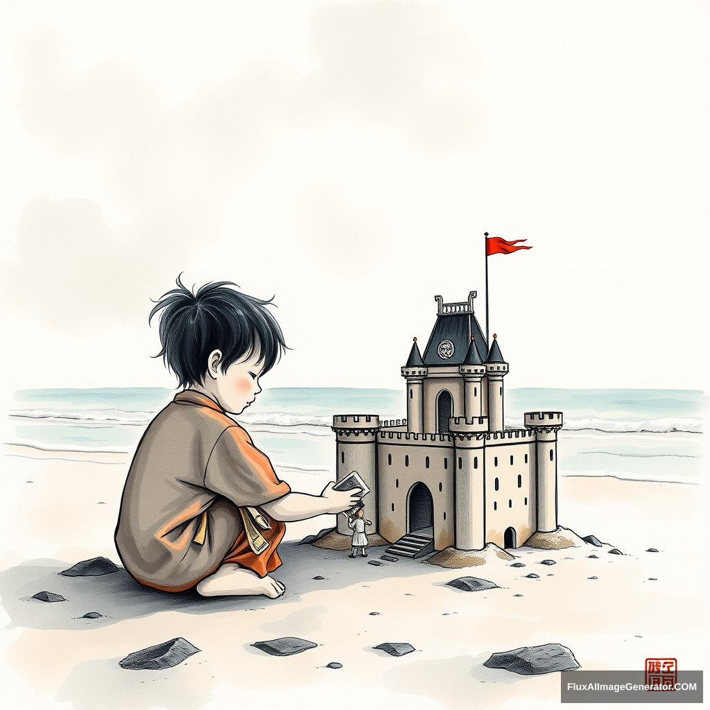 A 3-year-old child is building his dream castle on the beach in the style of Chinese ink painting.