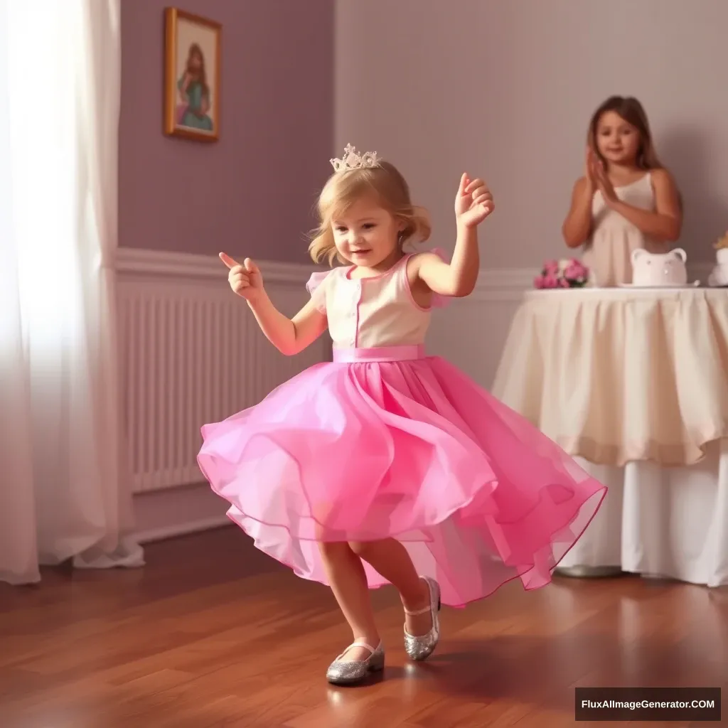 The little girl danced in her princess dress.