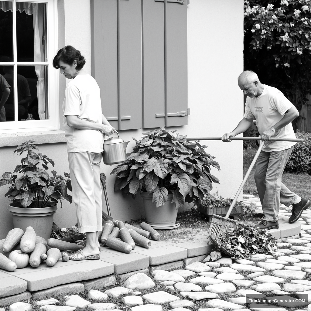 Black and white real picture  
She's watering a potted plant.  
Some vegetables have been piled beside the window.  
He's raking some leaves.  
Some stones form a driveway.