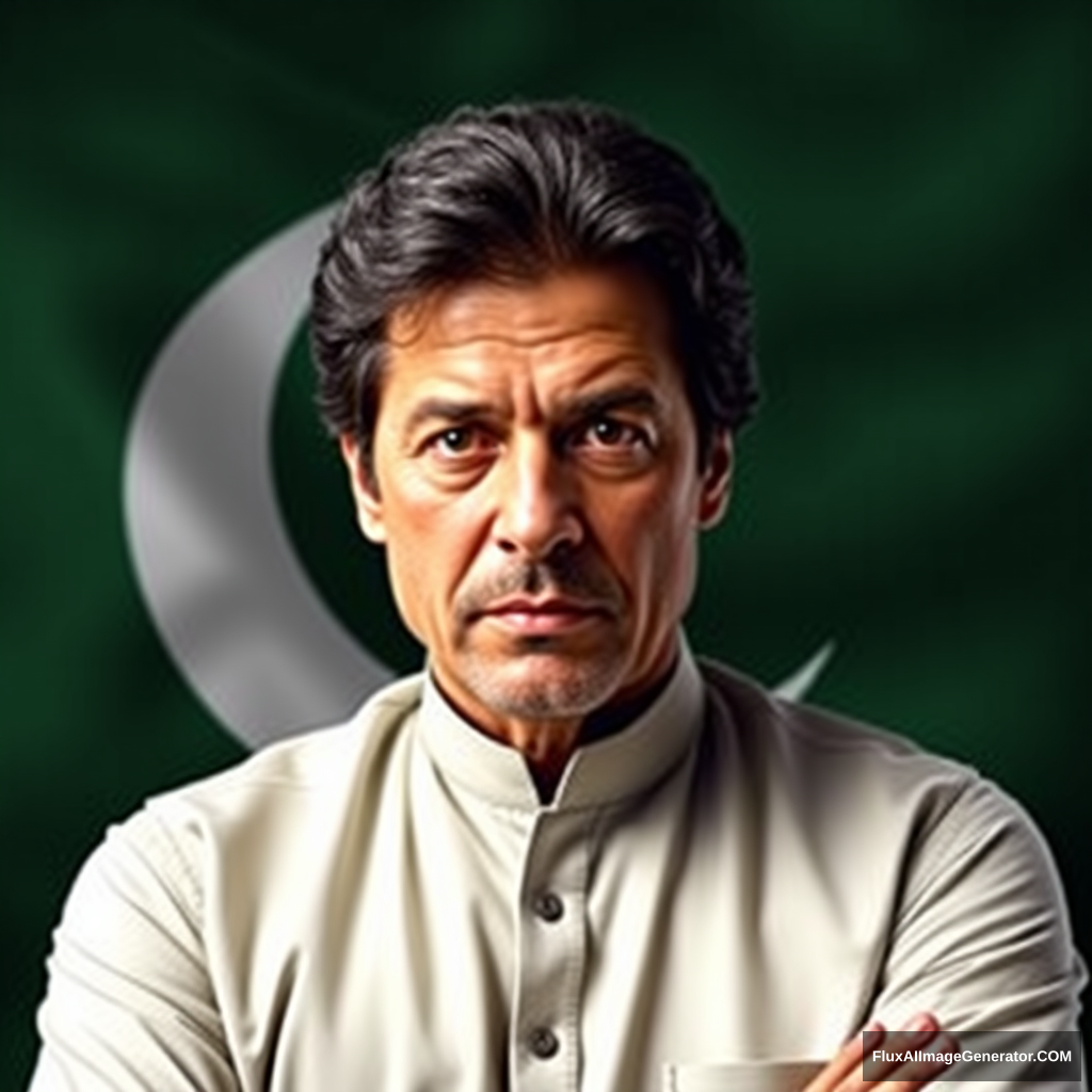 Can you create the real image of Imran Khan with the background of the Pakistani flag?