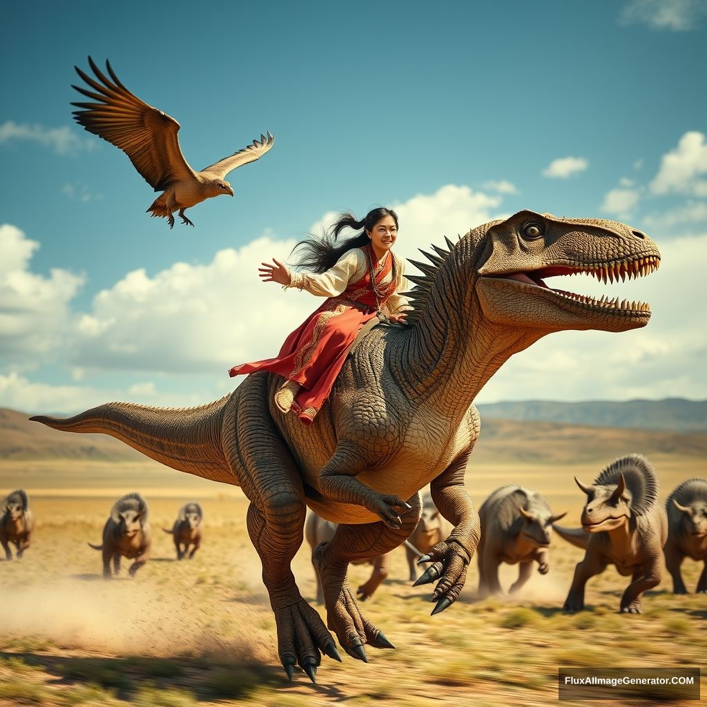 Close-up cinematic shot of a 20-year-old Mongolian woman wearing traditional Mongolian clothing riding a galloping T-rex at a high speed, with a Pterodactyl sitting on its left hand, a pack of Velociraptors, Triceratops, and Spinosaurus running together in the Mongolian steppe, realistic photo.