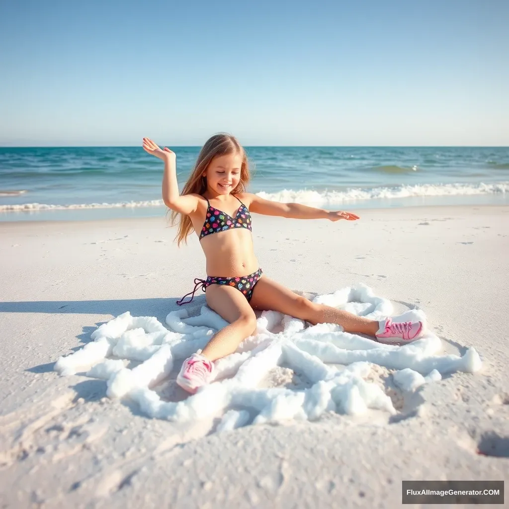 "Create a photo: A girl in swimwear making a snow angel in the sand on the beach." - Image