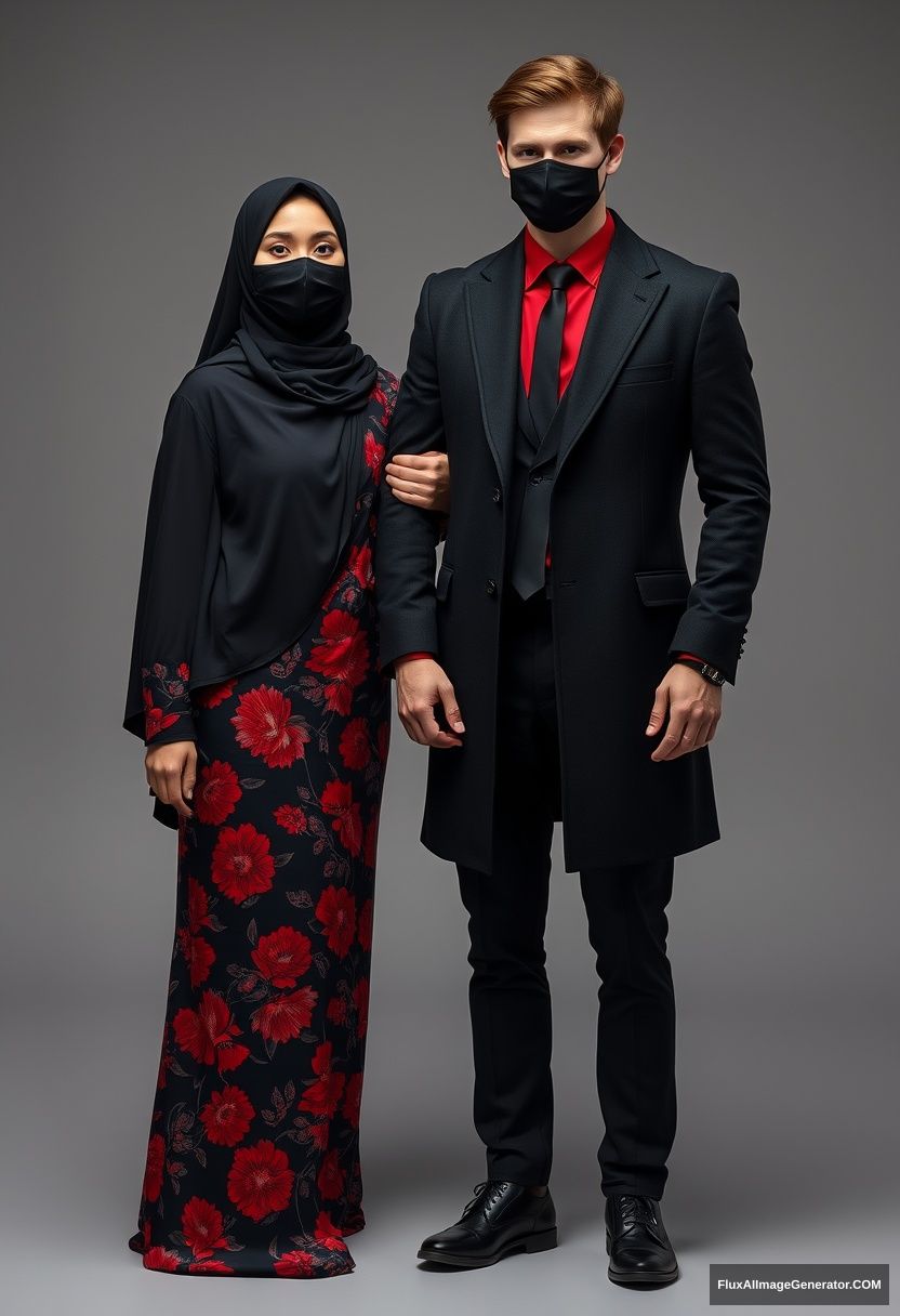 A biggest black hijab girl, beautiful eyes, face mask black, biggest red floral longest dress, not tall, standing, love holding his arm

Jamie Dornan, youngest, black suit coat, red shirt, black tie, black leather sneakers, tall man, face mask black, fit tough body, standing near her, love couple

hyper realistic, studio photography, photorealistic - Image