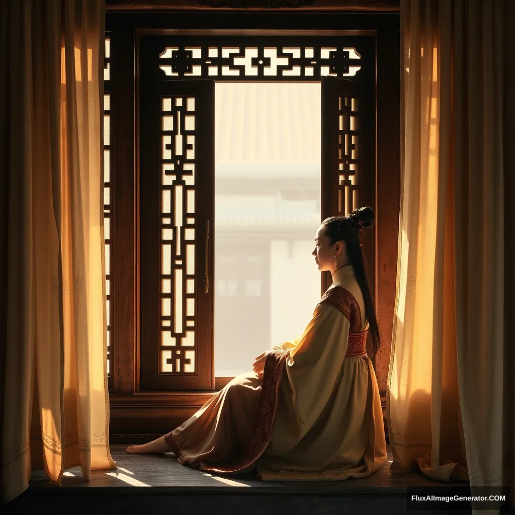 Sitting by the ancient windowsill with curtains in high definition, Empress Wu Zetian of the Tang Dynasty was bathed in the light effect of Dingdar.