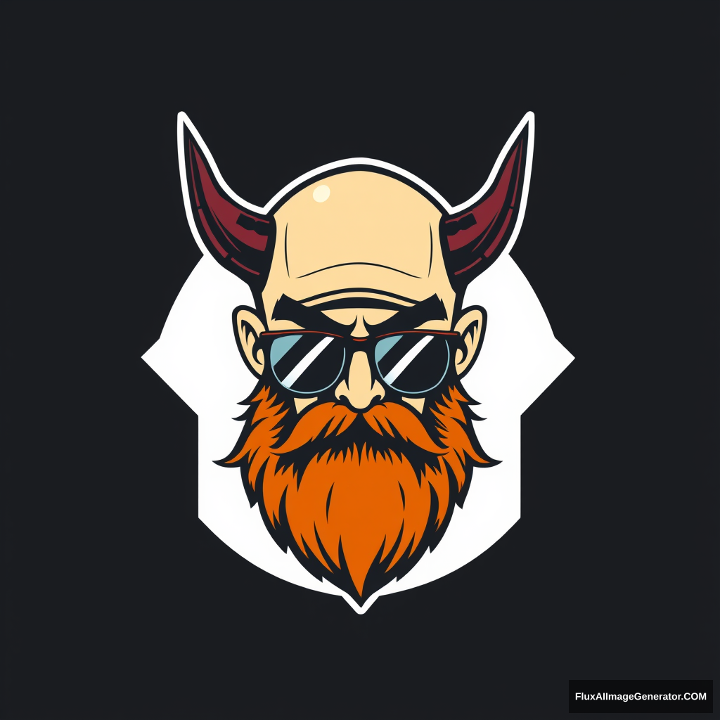 Minimalist logo design: Bald cartoon human male with demonic obsidian horns, fiery ginger beard, and arched eyebrows. Weathered flatcap and aviator glasses. Silhouette incorporates 3D printer shape. Clean lines, bold colors. Futuristic meets retro aesthetic. Symbolizes innovation and rebellion.