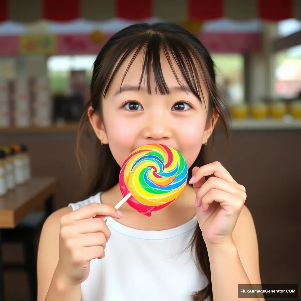 Asian girl eating rainbow-colored lollipops deliciously. - Image