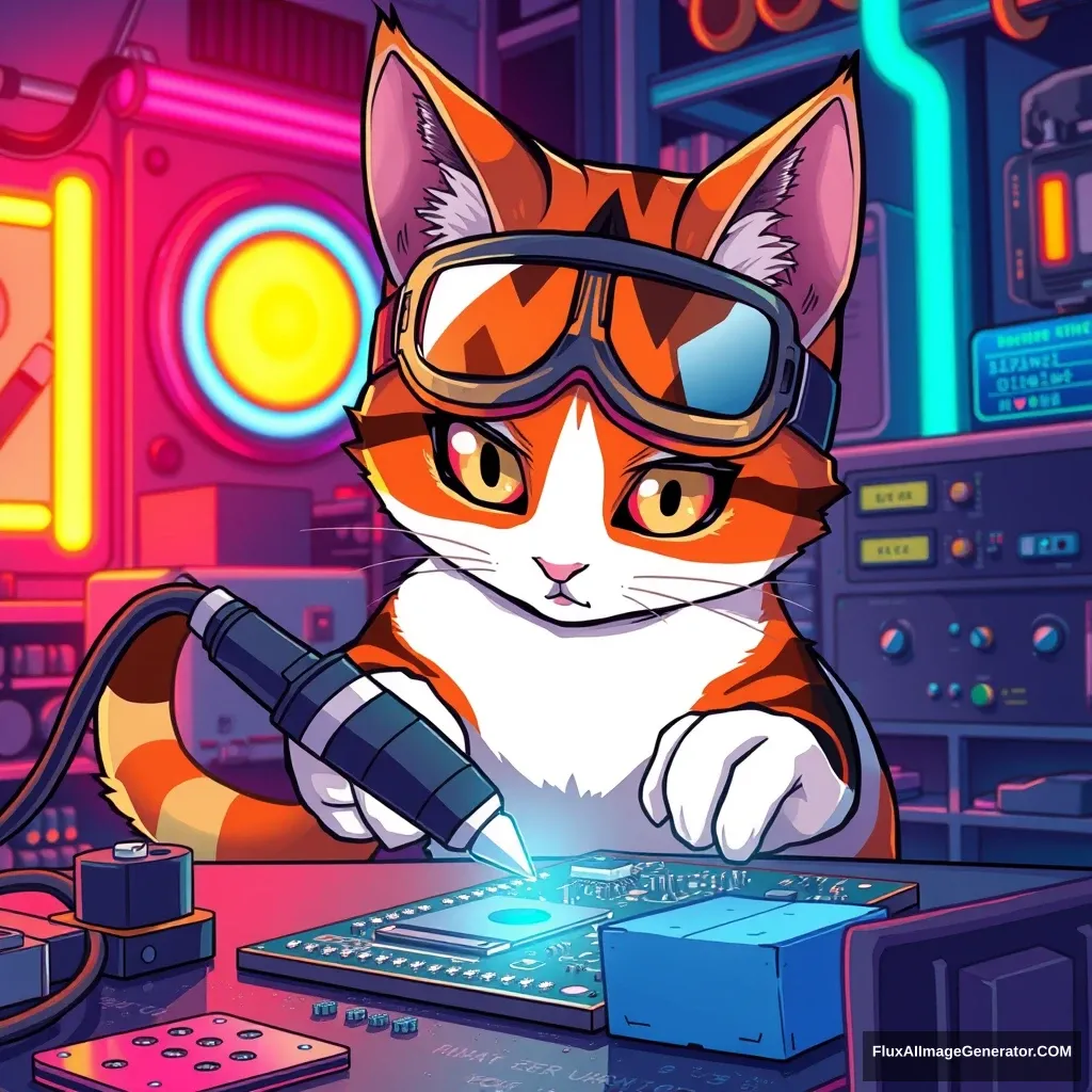 A nimble calico cat, eyes focused behind protective goggles, delicately wields an electric soldering iron over a complex motherboard. Set in a neon-lit cyberpunk workshop, the scene exudes a blend of kawaii charm and high-tech precision. Anime style: bold outlines, expressive eyes, dynamic poses. - Image