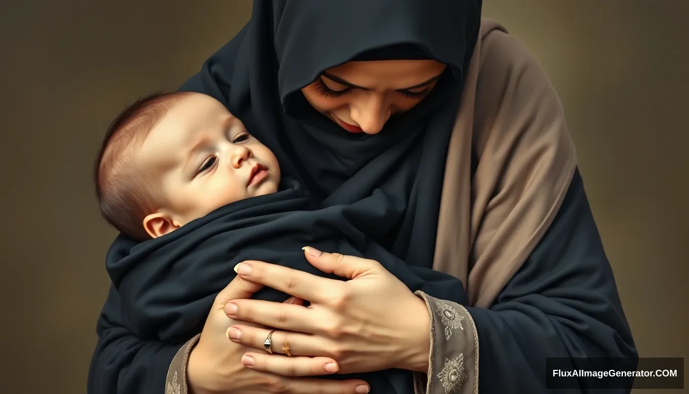 A pious woman is holding a baby boy, her palms covered in black cloth, wearing a long niqab, her neck covered by a perfect hijab. Realistic, full body, oil painting.