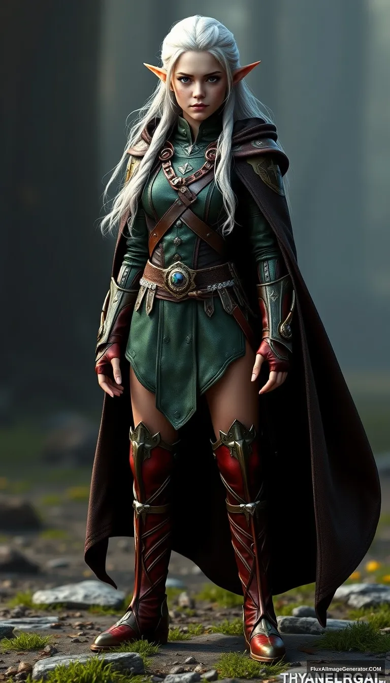 Gorgeous and elegant girl elf warrior (Emma Watson), full body shot, platinum colored hair, greenish metallic military uniform, reddish military metallic boots, dark brown cloak, realistic photo, Unreal Engine.