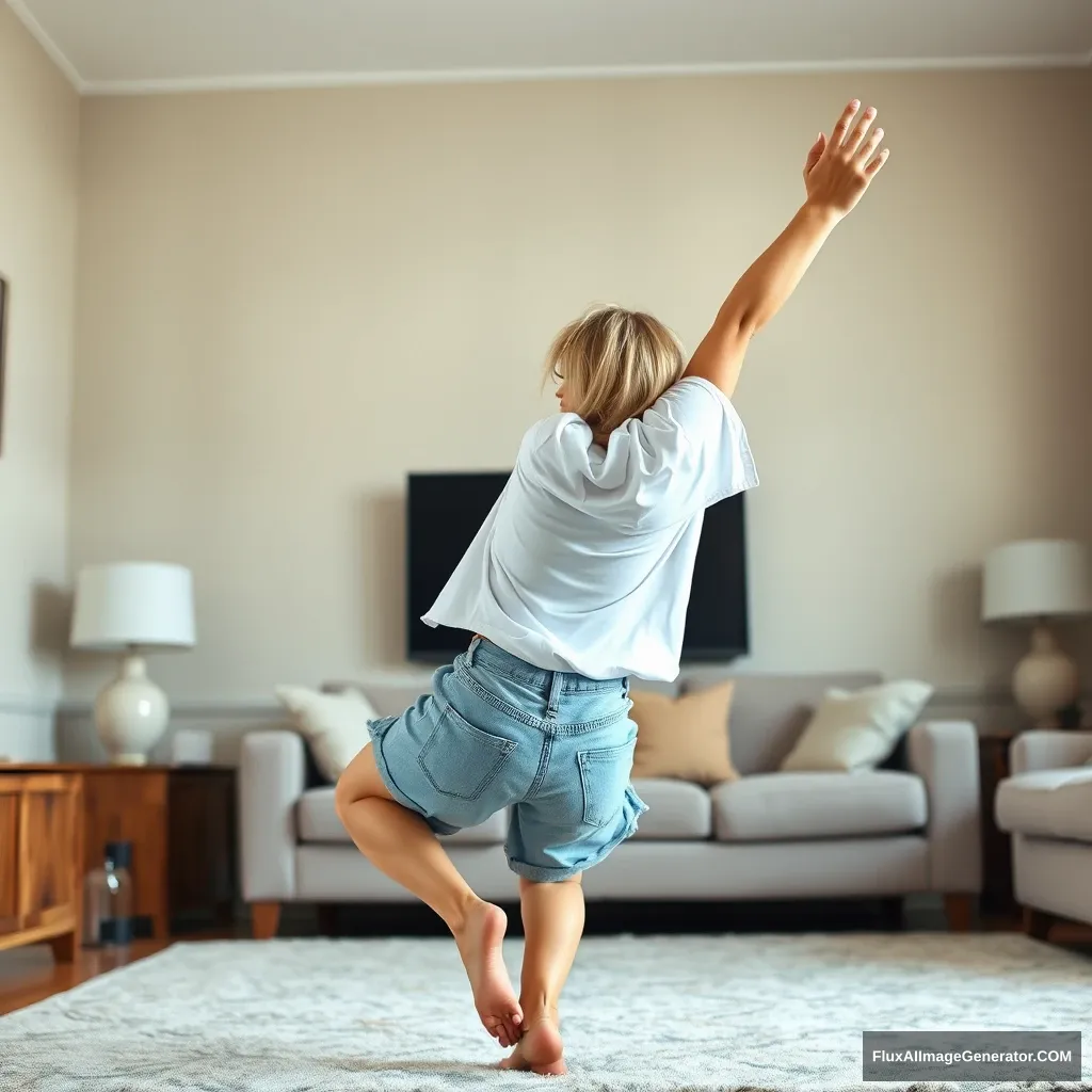 Side view angle of a skinny blonde woman in her large living room, wearing an oversized white t-shirt that is uneven on one sleeve, along with oversized light blue denim shorts. She is barefoot and facing her TV, diving headfirst into it with both arms raised beneath her head and legs elevated high in the air, at a 60-degree angle.