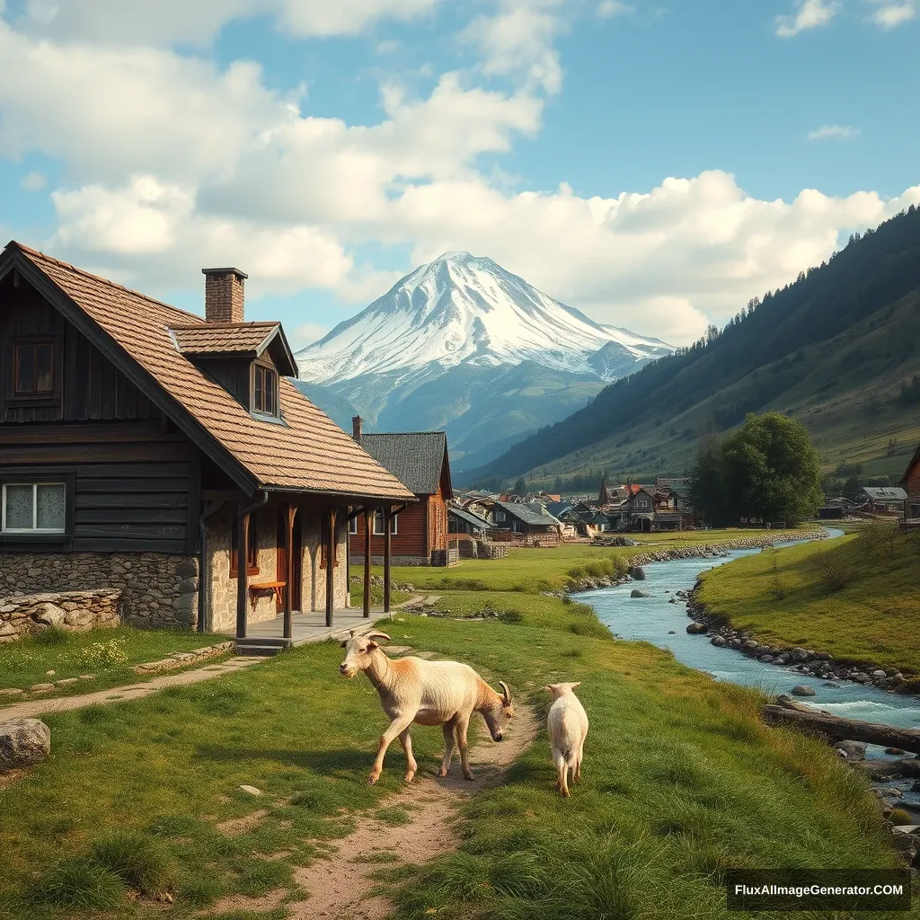 The house in the rural city has a mountain in the background and a river on the right side, with a goat eating grass.