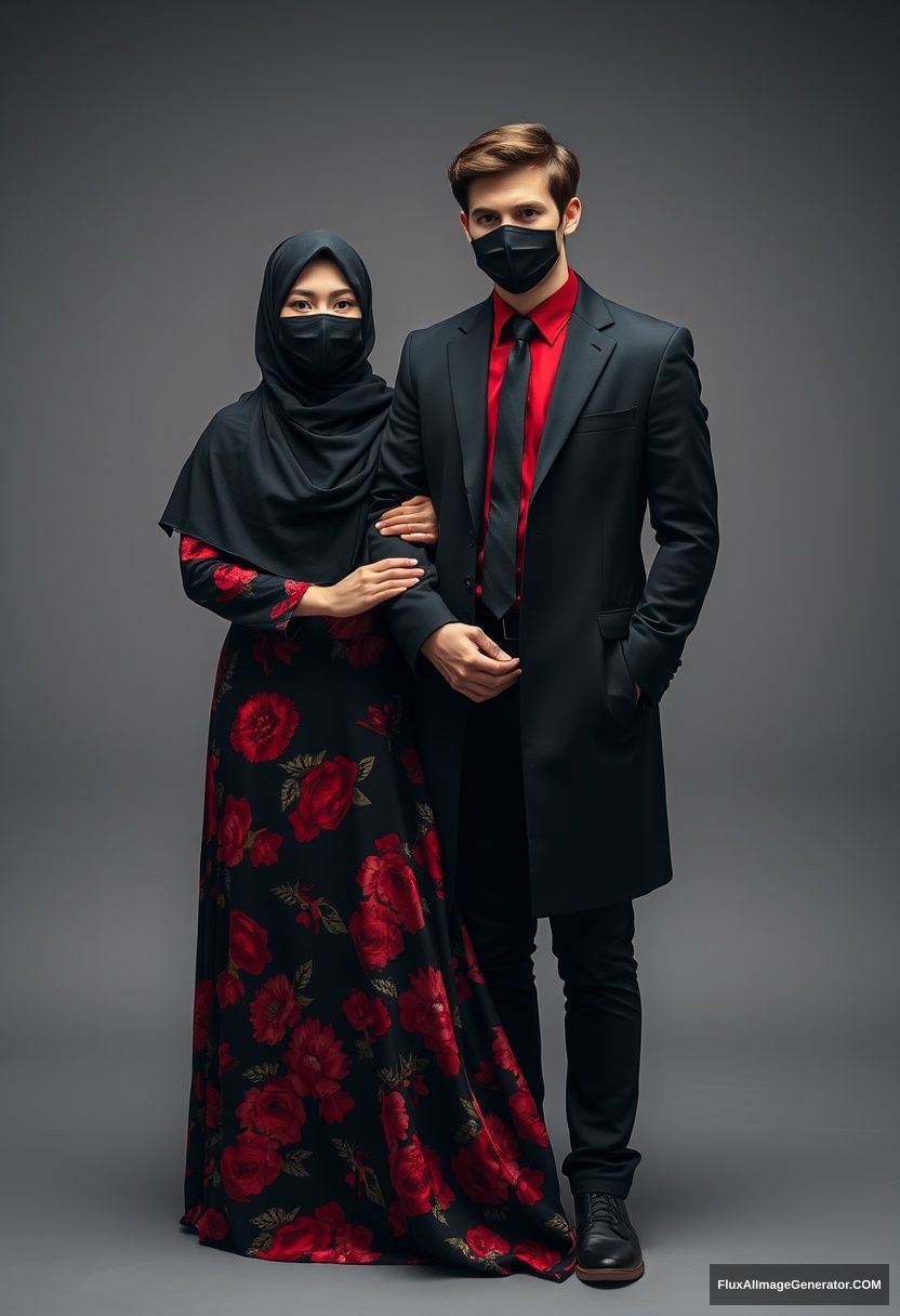 A biggest black hijab girl, beautiful eyes, face mask black, biggest red floral longest dress, not tall, standing, holding his arm

Jamie Dornan, youngest, black suit coat, red shirt, black tie, black leather sneakers, tall man, face mask black, fit tough body, standing near her, love couple

hyper realistic, studio photography, photorealistic - Image