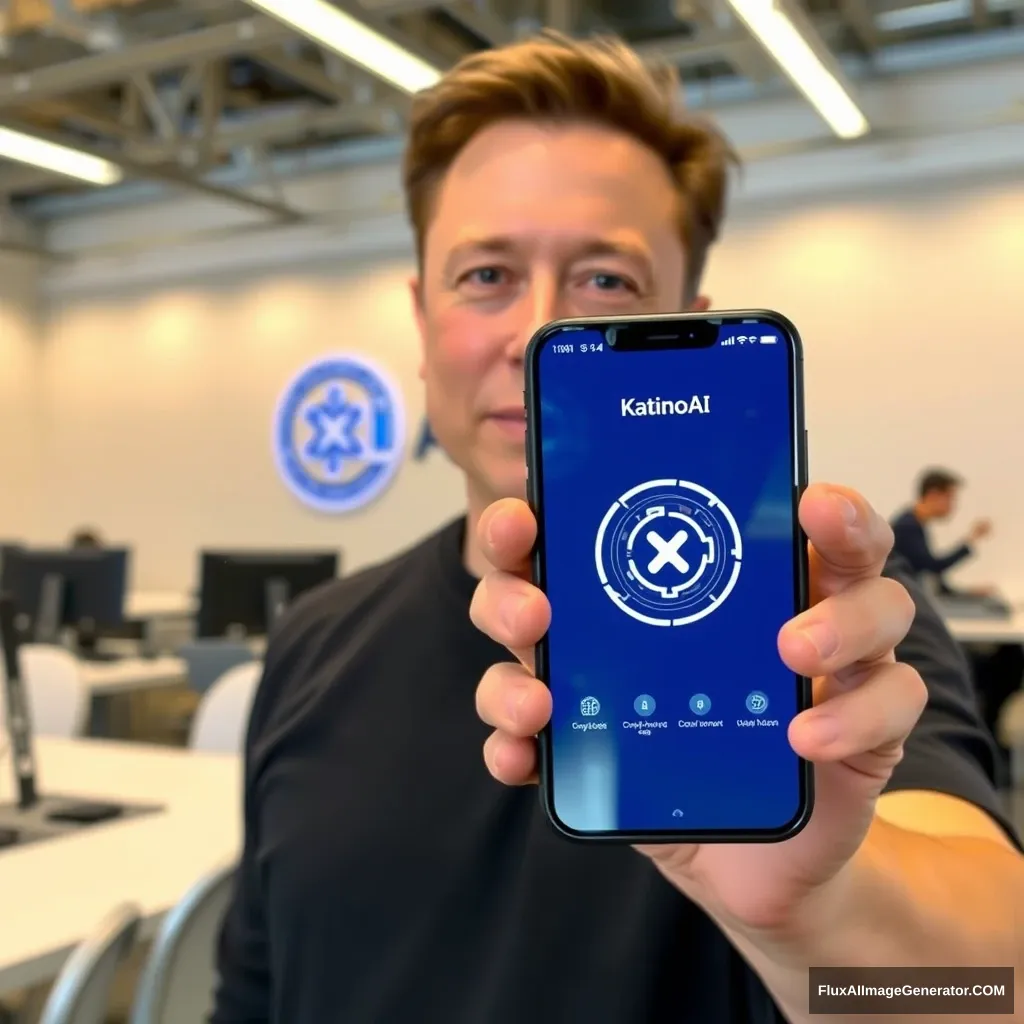 Elon Musk holds a phone and the phone screen shows the KainoAI app, with the background at the OpenAI office.