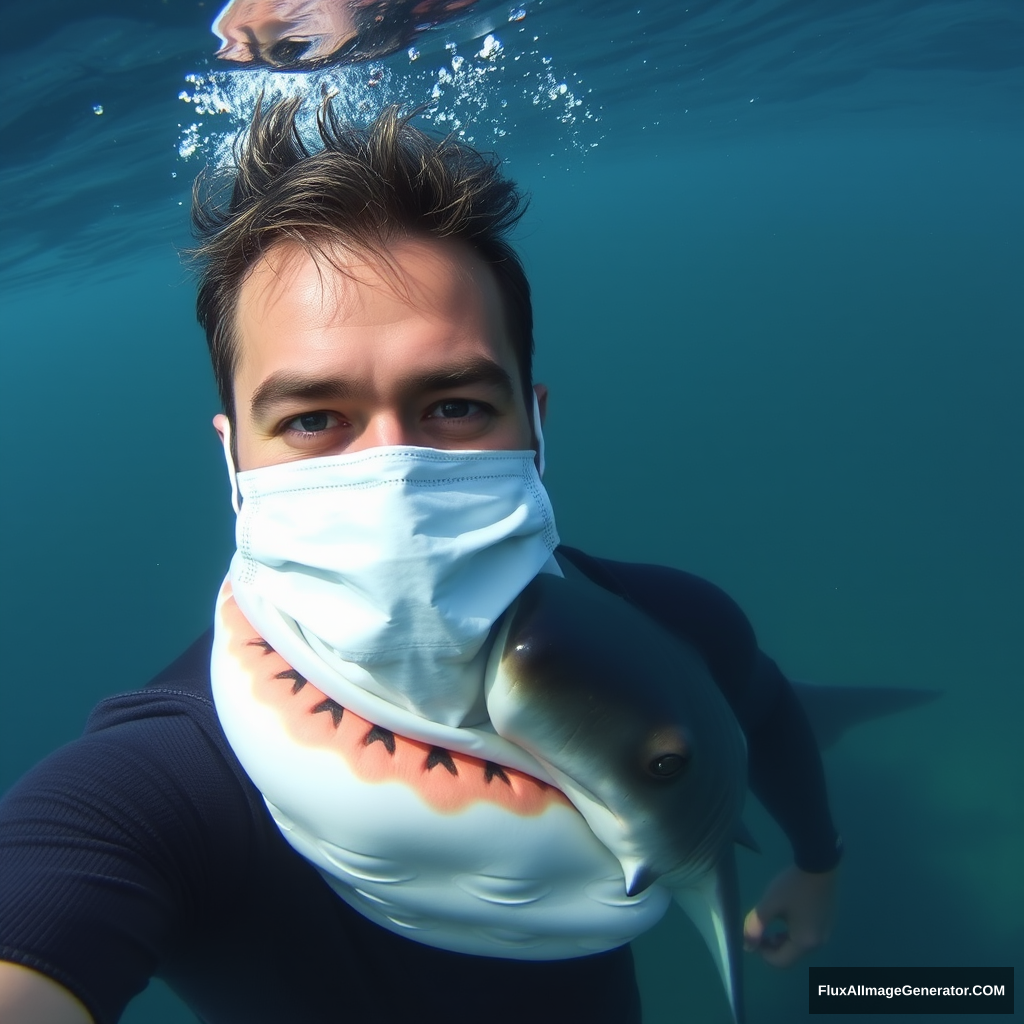 'Man in a mask takes a selfie with a shark.'