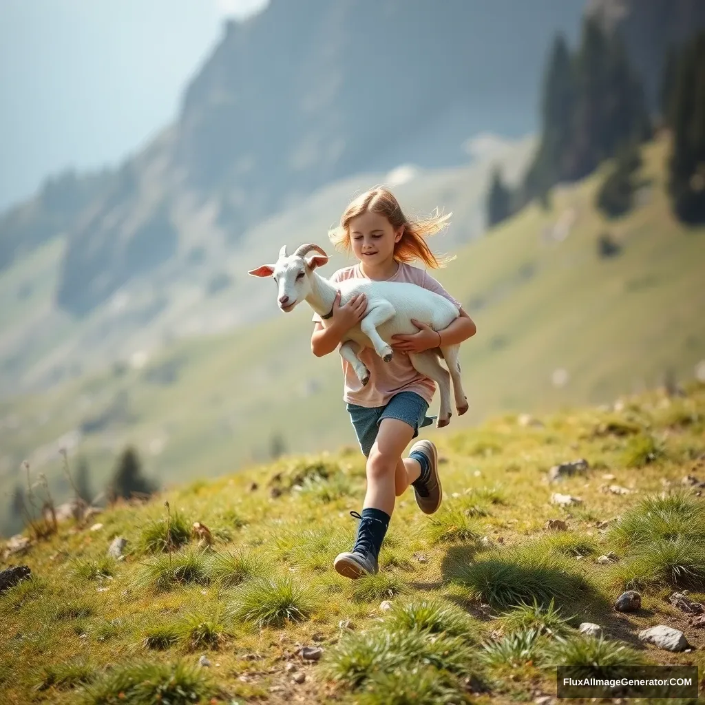 "Create a photo: A girl is running across a mountain meadow while carrying a goat in her arms." - Image