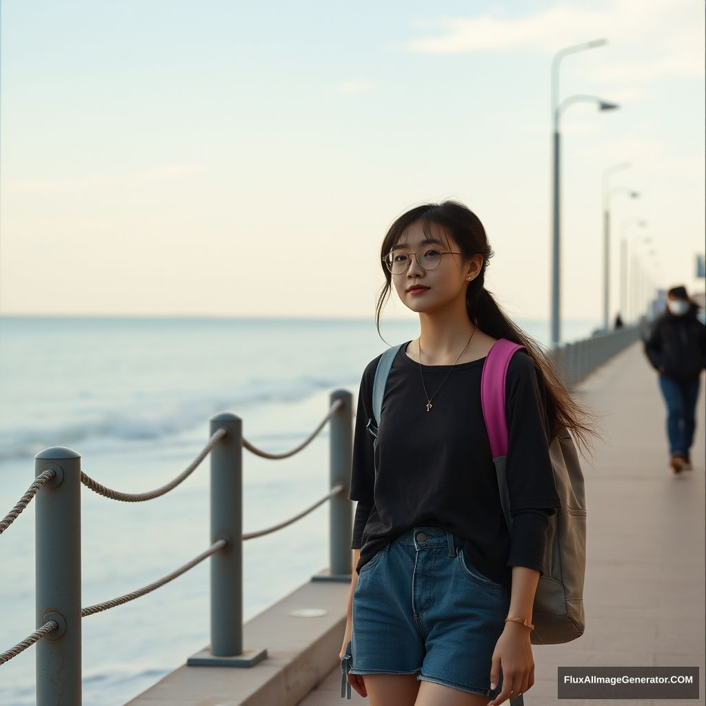 'Female student walking by the sea, beach, Chinese, street, girl' - Image