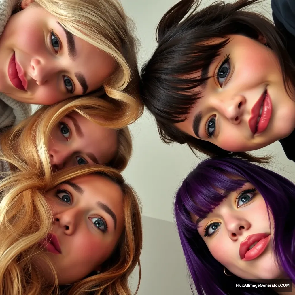 Close friends of four different 23-year-old women are looking at the camera below. The woman at the bottom left has blonde hair, the woman at the bottom in the middle has brown hair, the woman at the bottom right has purple hair, and the woman at the top right has black hair.