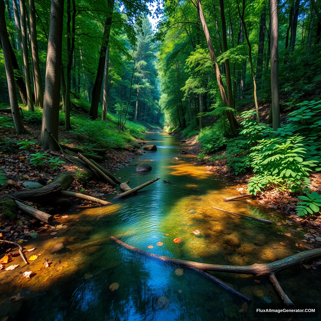 A dense forest filled with various types of trees, a small stream flowing out from the center of the forest. The water of the stream is crystal clear, reflecting the blue sky and the surrounding greenery. There are fallen leaves and branches floating on the surface of the stream. The forest is alive with the sounds of birds and insects. --hd --v 5