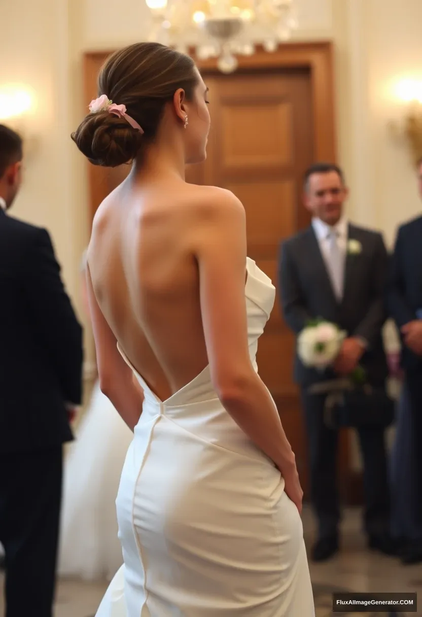 A short young woman, sensitive, delicate, ashamed, wearing a backless, strapless, side-less, low-waisted contouring wedding dress, standing in front of patriarchy and expectations.