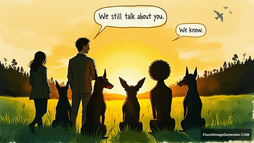 Messy, expressive watercolor illustration: 4 silhouetted figures—2 male, 2 female—stand in a lush meadow at golden hour. 3 ethereal, winged dobermans sit beside them. Facing away from the viewer. Speech bubbles float above: "We still talk about you" (human), "We know" (dog). Nostalgic atmosphere, loose brushstrokes convey wistful longing. - Image