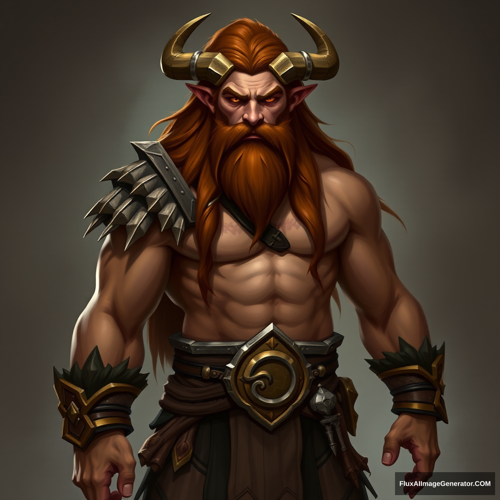 Full body picture of a long brown-haired and short-bearded guy as a World of Warcraft Tauren race.