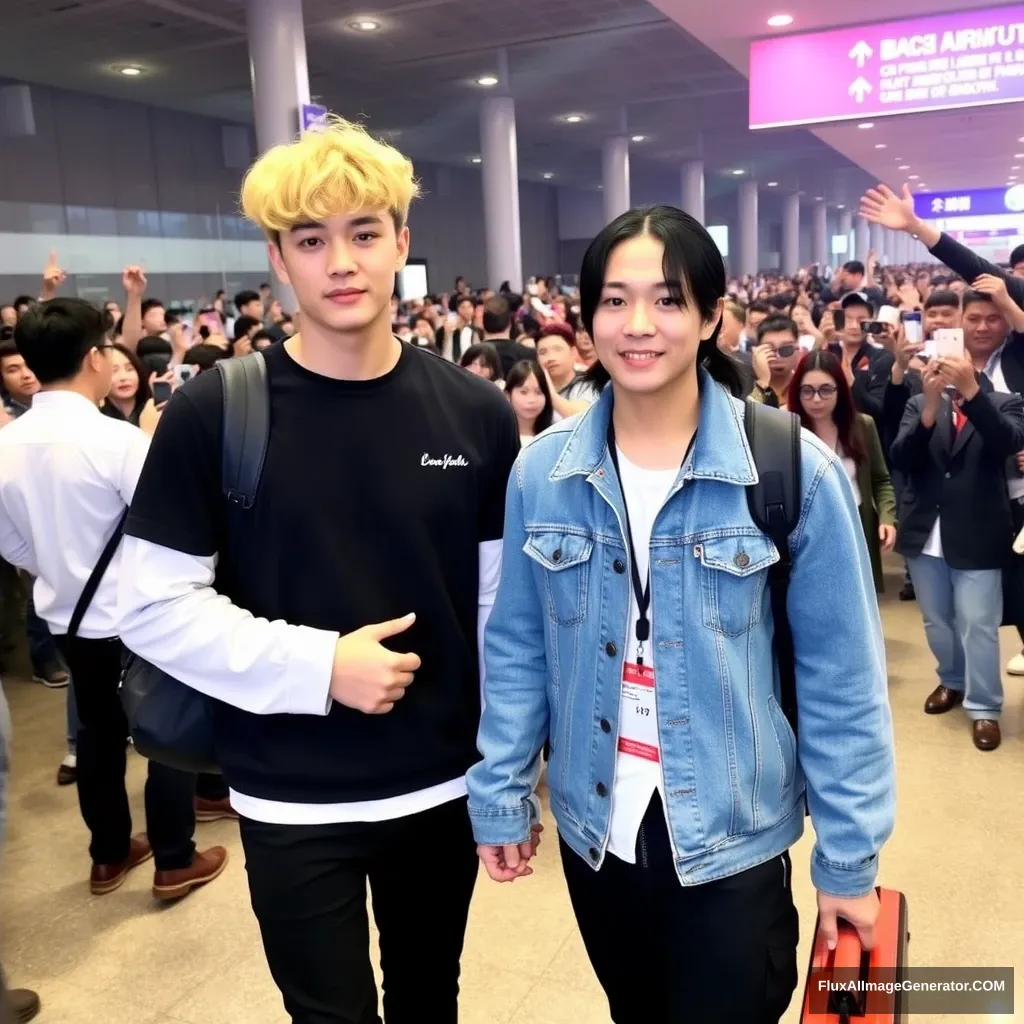 A man with curled, blonde ear-length hair and a man with low pony-tailed black hair are holding each other's hands in front of a huge crowd of fans at the airport. Both are dressed in K-pop idol style, and the blonde man is slightly taller than the man with black hair. - Image