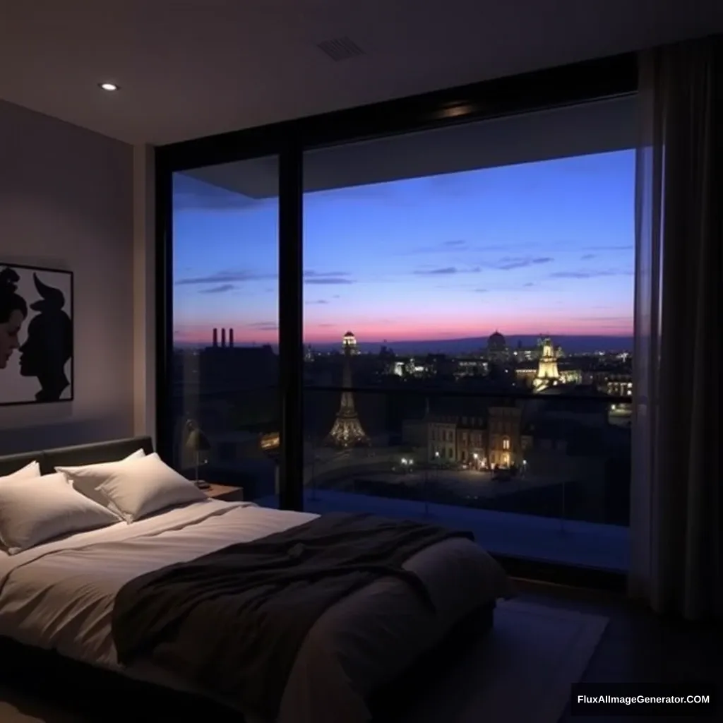 Modern bedroom apartment, big glass window, midnight in France.