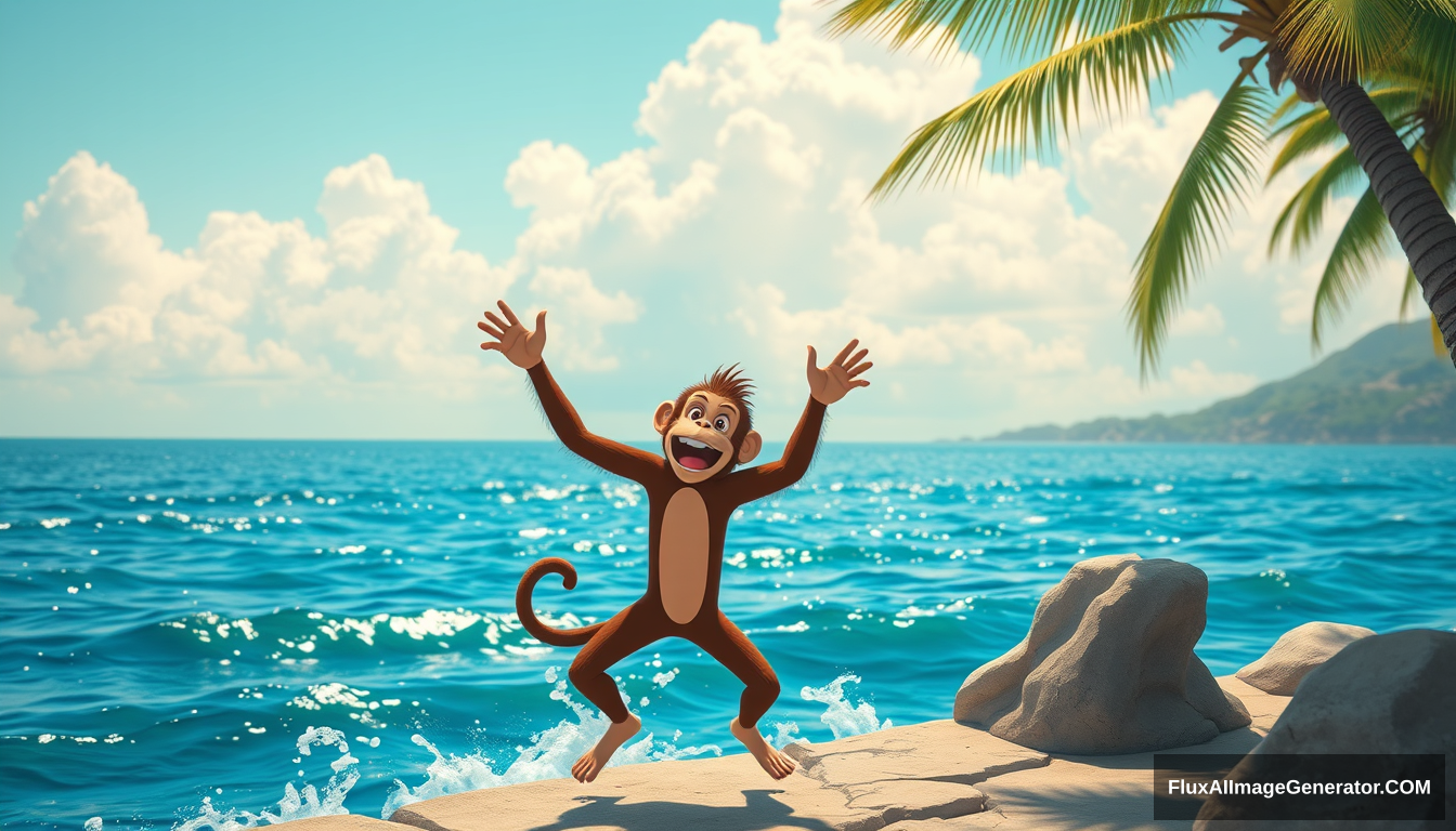 Cartoon monkey man dancing by the ocean. vibing.